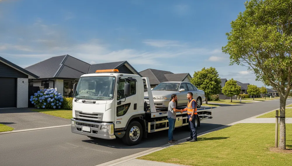 Free car removal service collecting an unwanted vehicle from a home in New Zealand