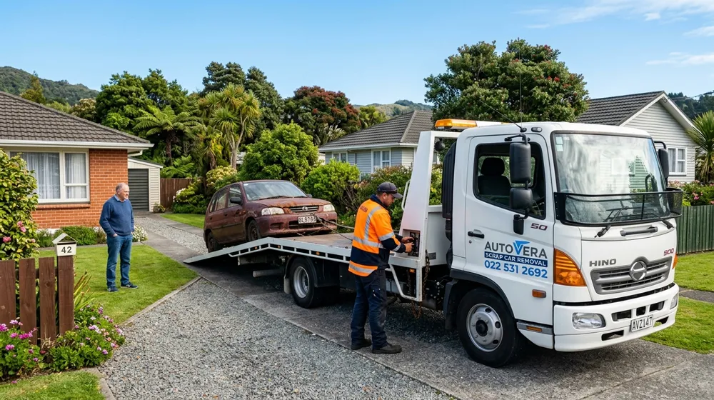 Scrap Car Removal New Zealand | Best Cash for Scrap Cars & Junk Cars Free scrap car pickup service in New Zealand collecting an old vehicle from a residential property