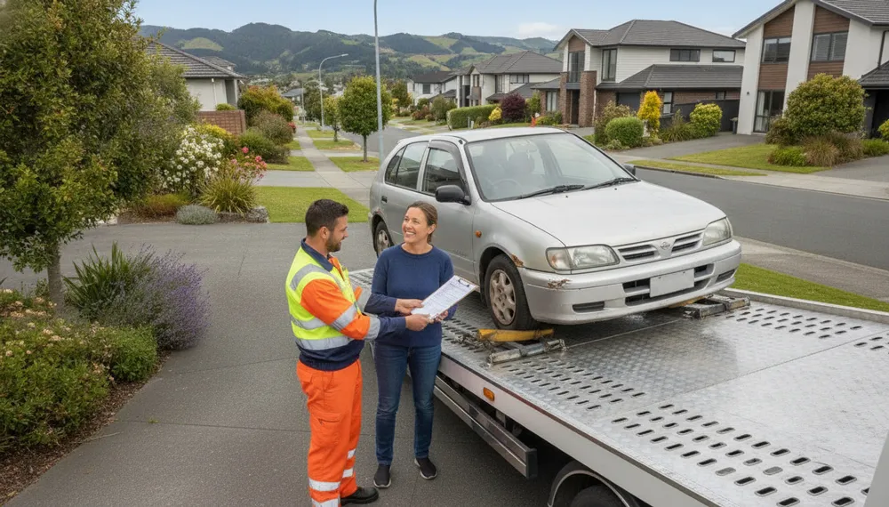 Customer handing over an unwanted vehicle for free car removal in New Zealand