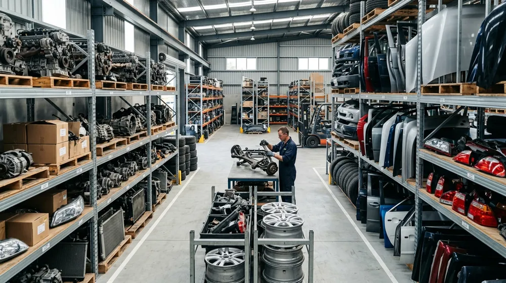 Used car parts including engines and gearboxes in a New Zealand auto parts warehouse