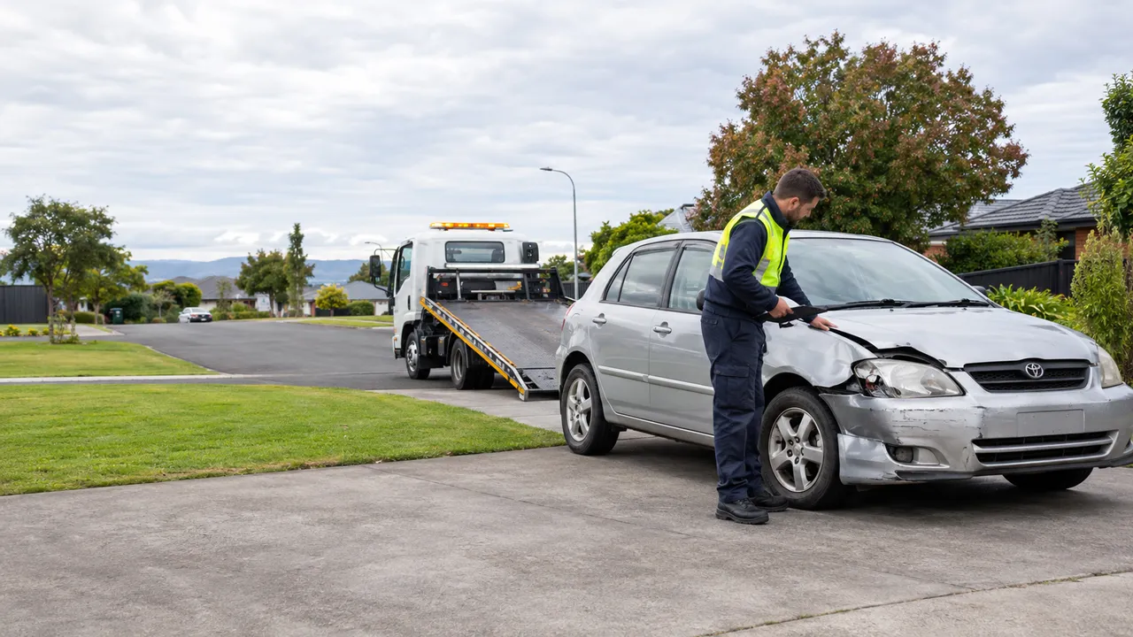 Scrap car removal in Palmerston North with damaged car ready for pickup