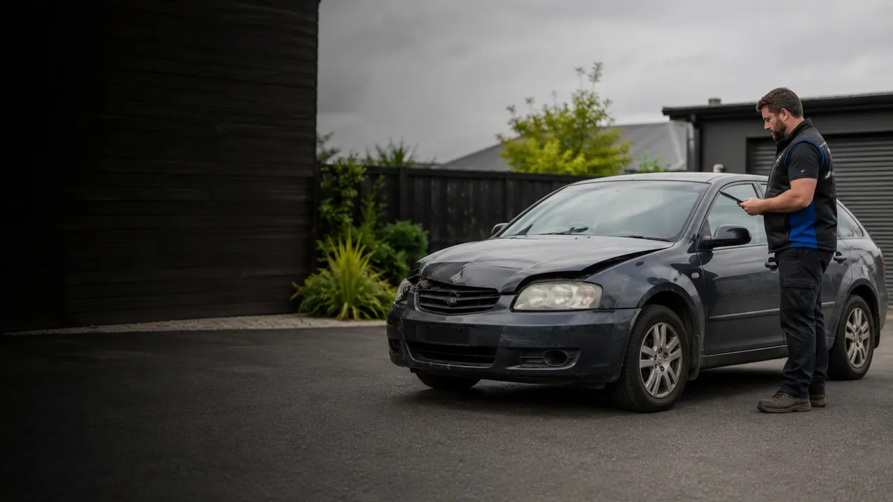Scrap car being inspected to determine its value in New Zealand