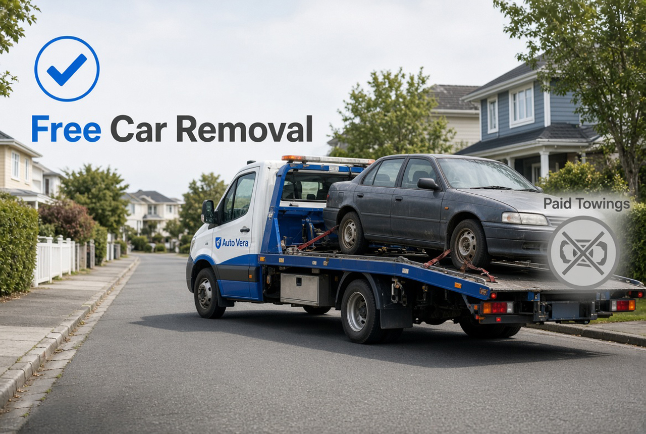 Free car removal vs paid towing in New Zealand with a damaged car on a tow truck