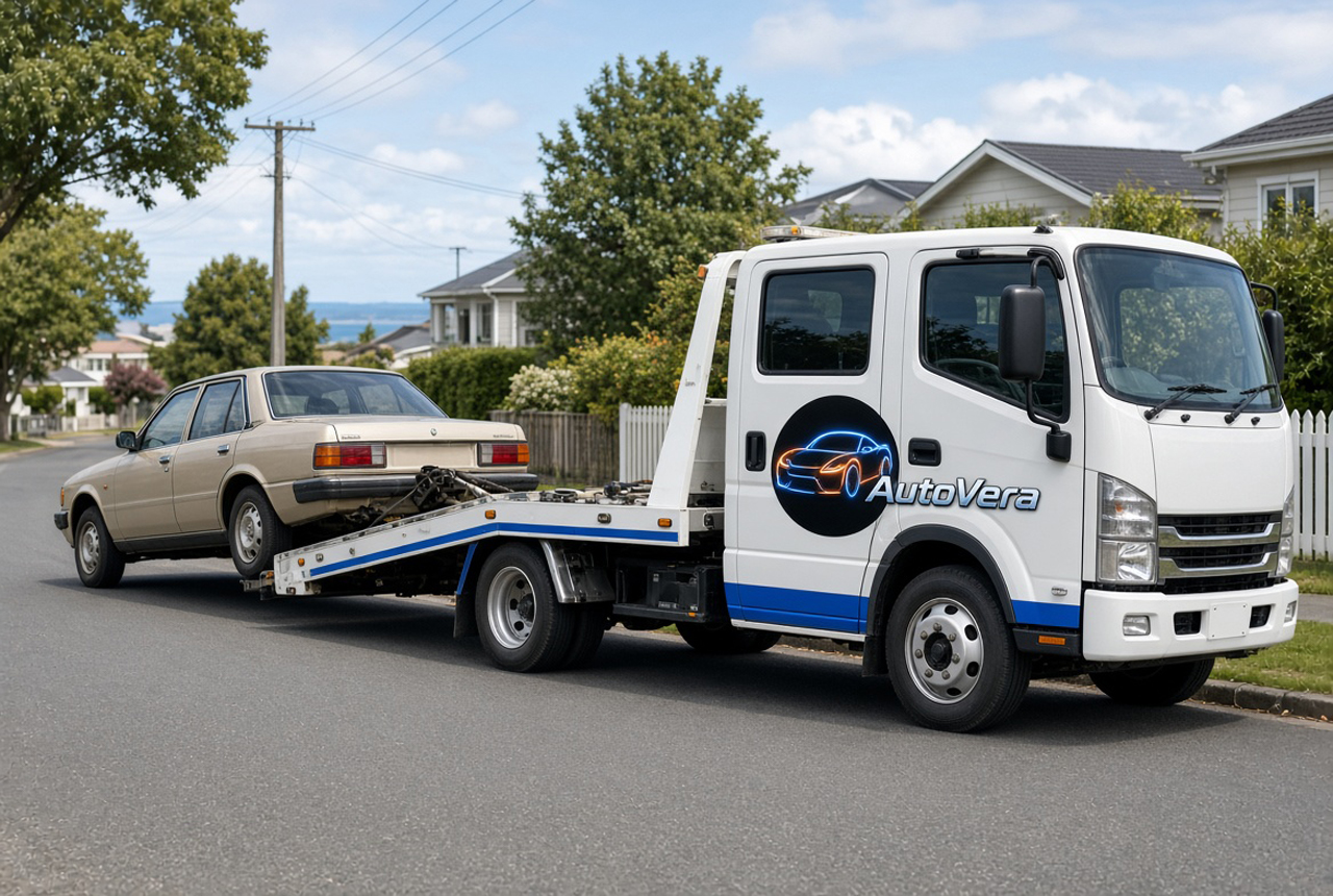 Car being collected by an Auto Vera vehicle transporter in New Zealand